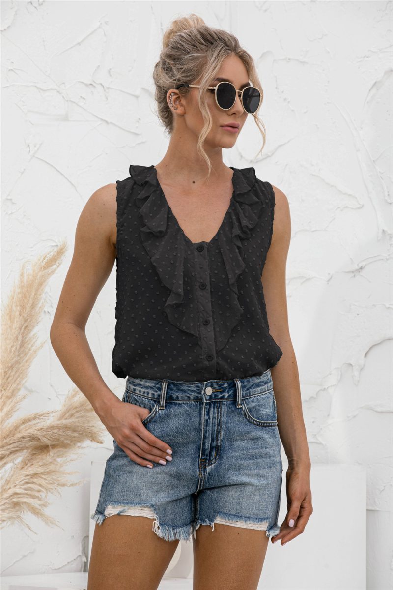 Spring Summer Sexy V-neck Ruffled Spaghetti Straps Button Shirt - Image 4