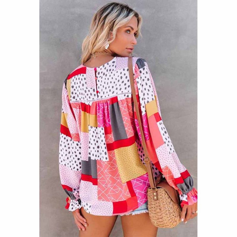 Women Clothing Multi Color Polka Dot Long Sleeve Shirt Chiffon Geometric Abstract Printed Round Neck Shirt - Image 2