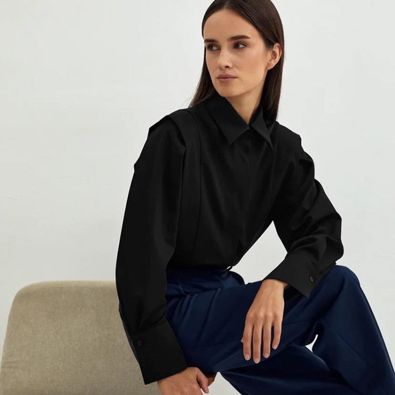 Spring New Right Angle Shoulder White Shirt Women Office Dignified Sense of Design Niche Long Sleeve Shirt - Image 4