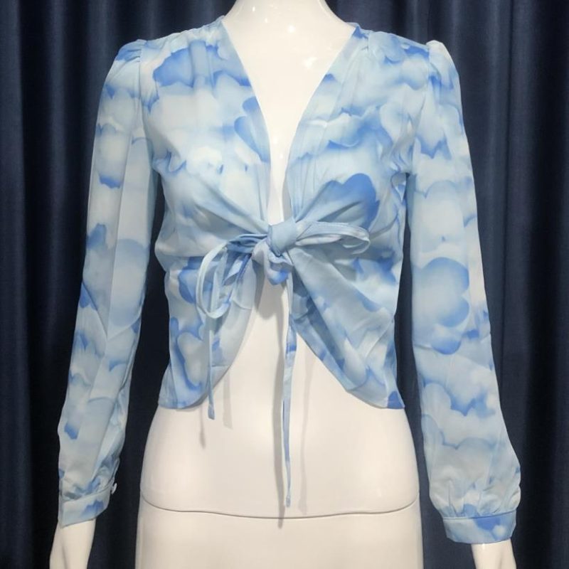 Women Clothing Summer Blue Sky White Clouds Casual Loose Chiffon Top - Image 3