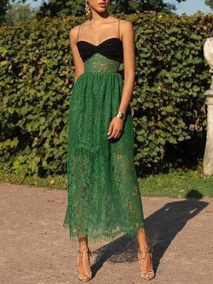 Women Clothing Sexy Suspenders Lace Green Hollow Out Cutout Holiday Mopping Maxi Dress