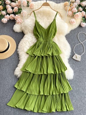 Seaside Holiday Dress Summer Sexy V-neck Slim-Fit Mid-Length Pleated Ruffled Beach Dress