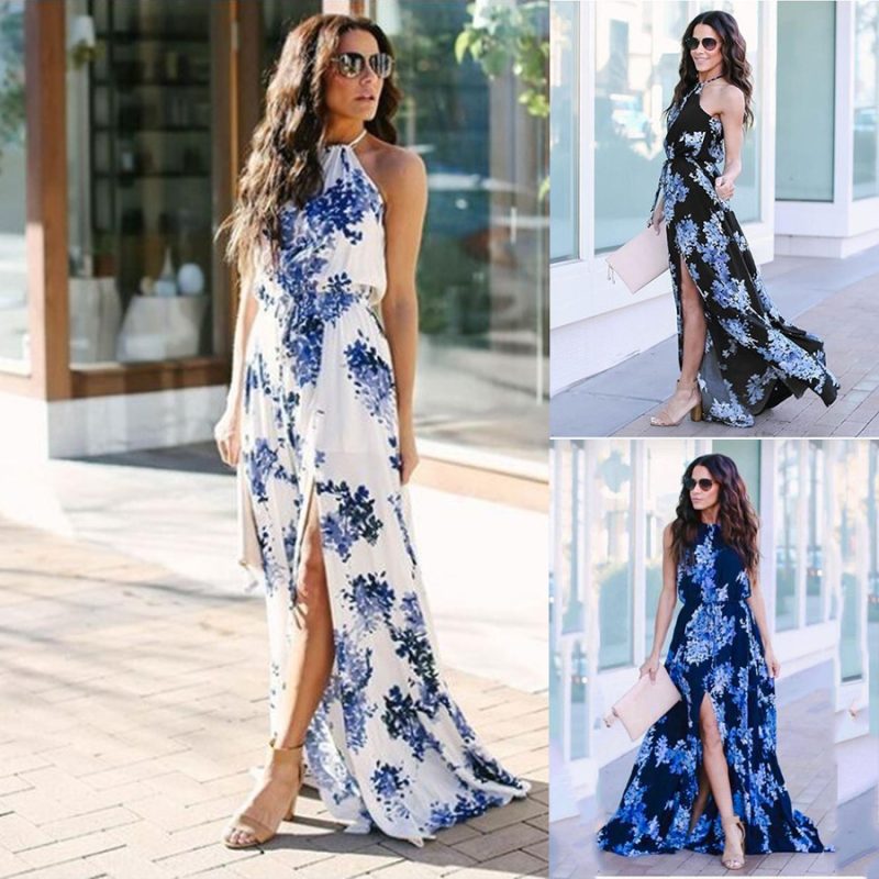 New  Bohemian Floral Printed Sleeveless Waist Dress Women Clothing
