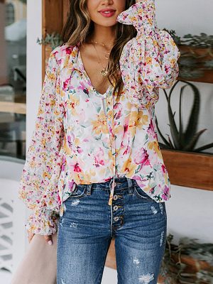 Summer New  Women Clothing Printed Lantern Long Sleeve Casual Loose Shirt