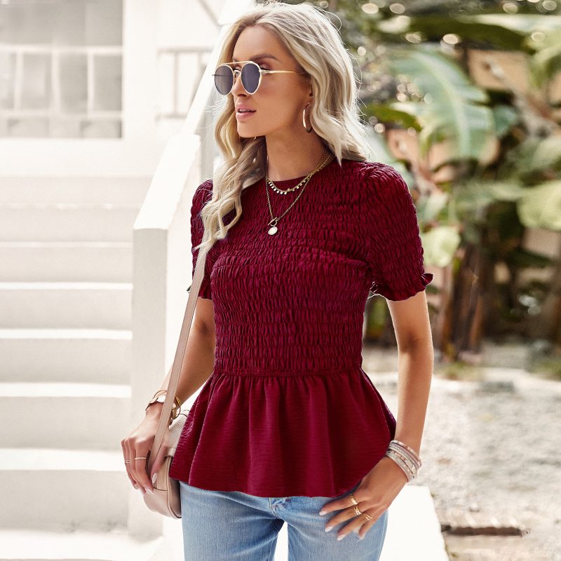 Solid Color round Neck Shirt Women Summer Office Short Sleeve Top - Image 2