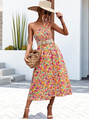 Spring Summer Sexy Oblique Shoulder Smocking Floral Print Dress for Women