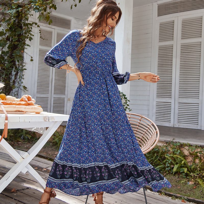 Spring Summer Printed Waist Controlled Long Sleeve Big Hem Bohemian Dress - Image 3