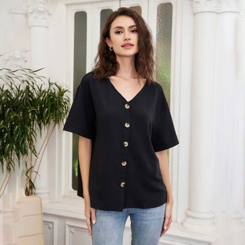 Spring Summer Women Clothing Solid Color Casual Loose V Neck Short Sleeve Shirt - Image 3