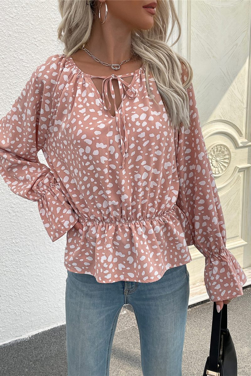 Autumn Women Clothing Classic Printing Lace up V neck Long Sleeve Top - Image 4