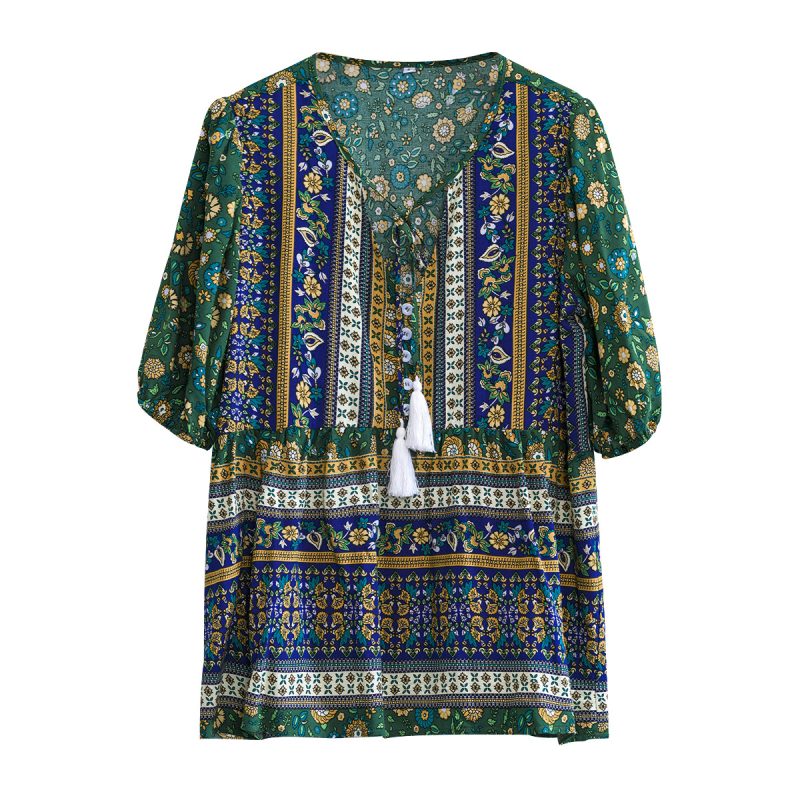 Printed Shirt Women Summer Office V neck Top - Image 4