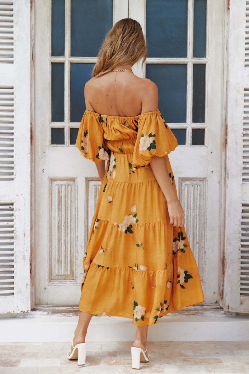 Women Clothing off the Shoulder Bubble Sleeve Printed Dress - Image 4