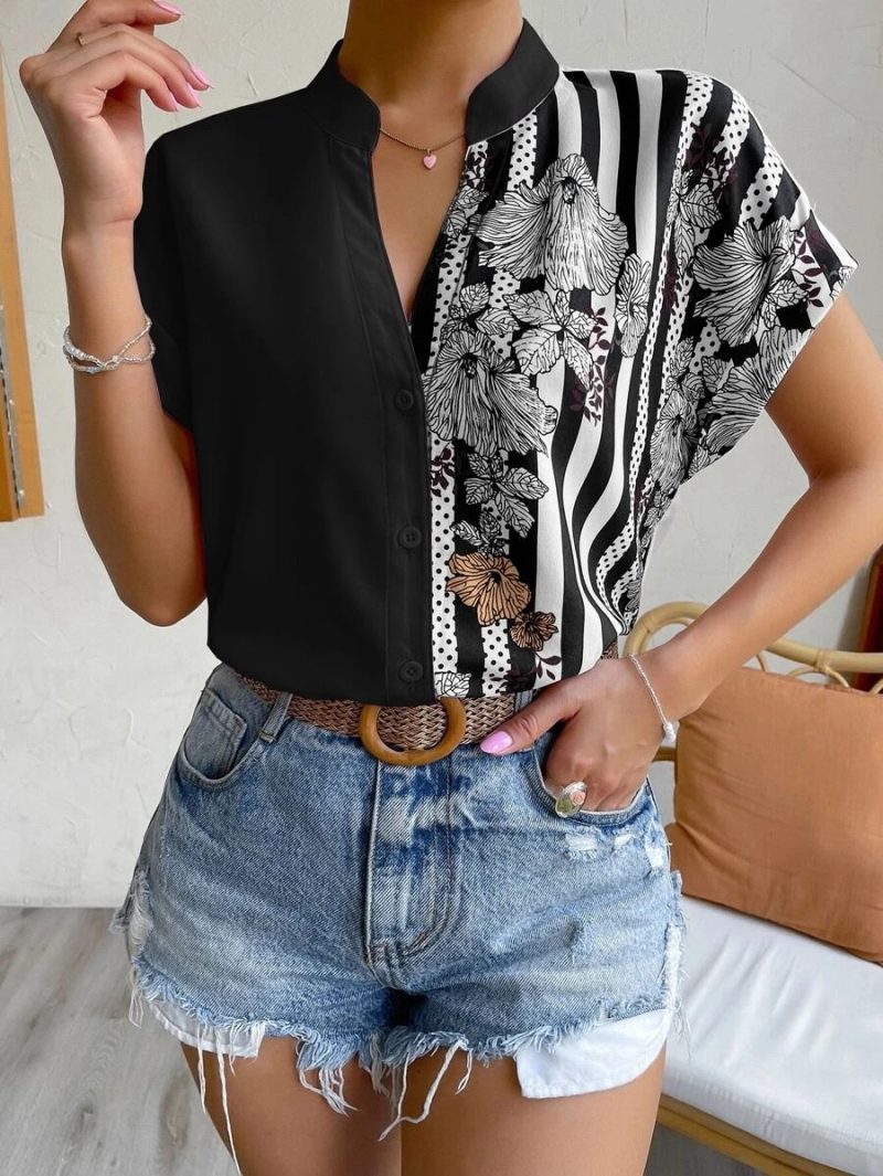 Women Clothing Summer Double Matching Contrast Color Floral Button Cardigan Short Sleeve Shirt Women - Image 3