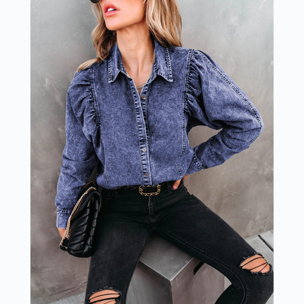 Autumn Winter Collared Casual Street Denim Shirt Women - Image 2