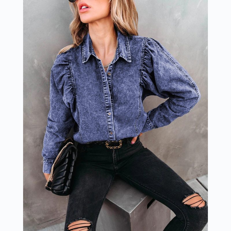 Autumn Winter Collared Casual Street Denim Shirt Women - Image 2
