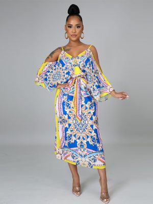 African Fashion Digital Printed Sexy Sling Loose Sleeves Split Baroque Chain Dress for Women