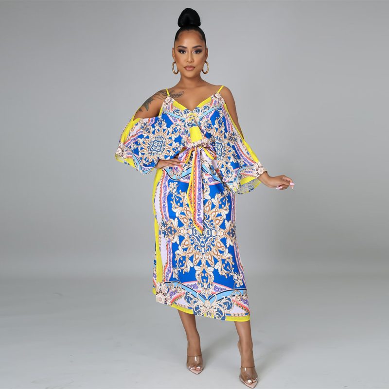 African Fashion Digital Printed Sexy Sling Loose Sleeves Split Baroque Chain Dress for Women