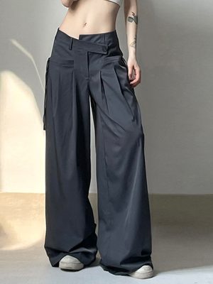 High Street Trendsetter Wear Irregular Asymmetric Waist Design Low Waist Straight Ribbon Loose Drooping Wide Leg Pants