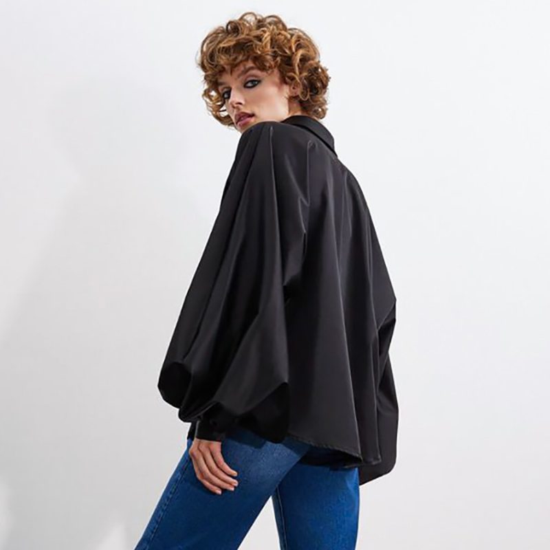 Summer French Satin High-Grade Niche Shirt Lantern Sleeve Ice Silk Cardigan Casual Solid Color - Image 2