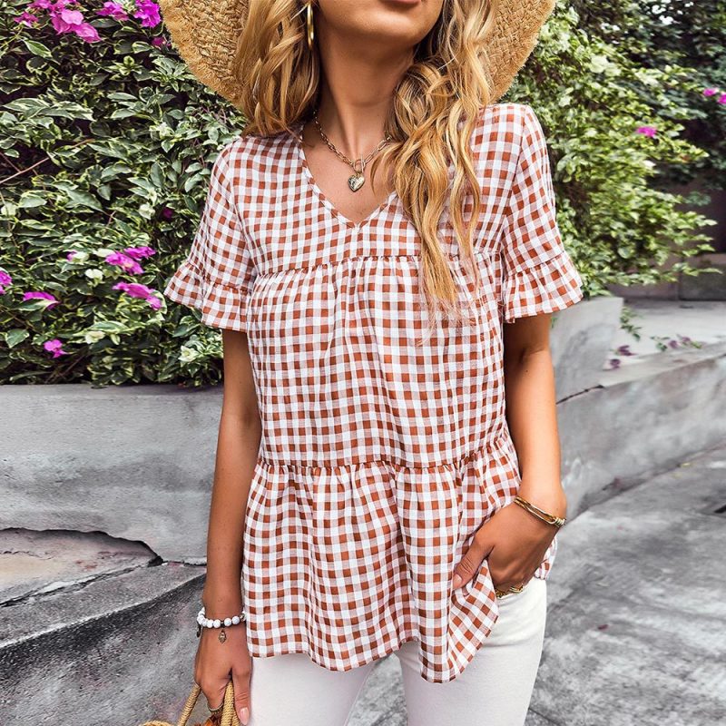 Plaid Women Top Summer Short Sleeve Ruffled Elegant Small Babydoll Shirt - Image 3