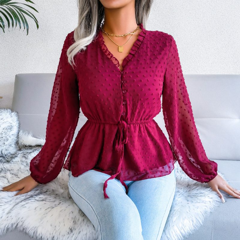 Spring Summer Lantern Long Sleeve Ruffled Tied Fitted Waist Polka Dots Chiffon Shirt  Women Clothing - Image 2