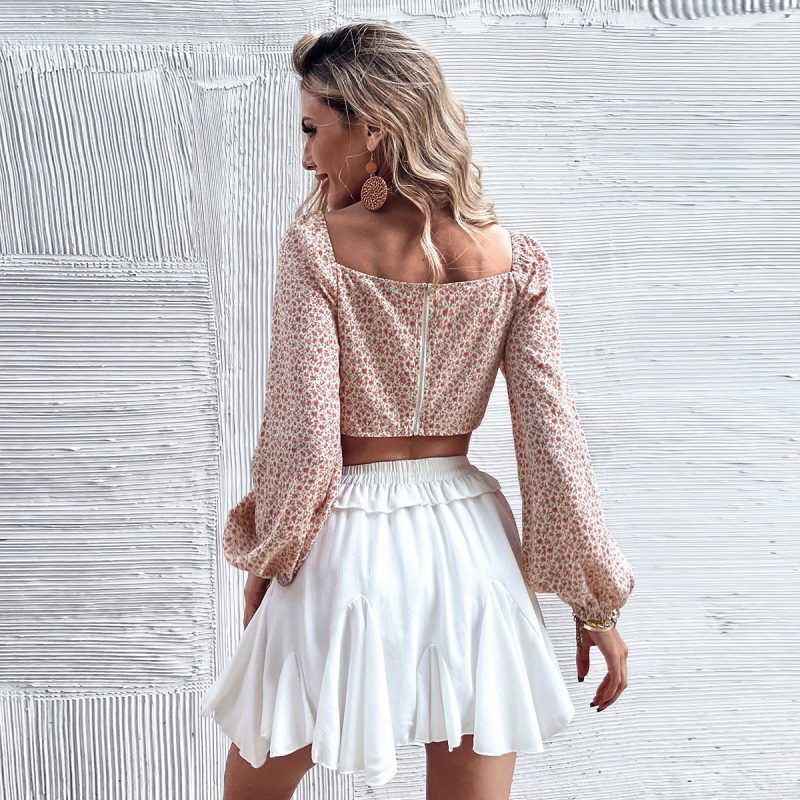 Floral Long Sleeve Square-Neck Bow cropped Chiffon Pink Cropped T-shirt - Image 4