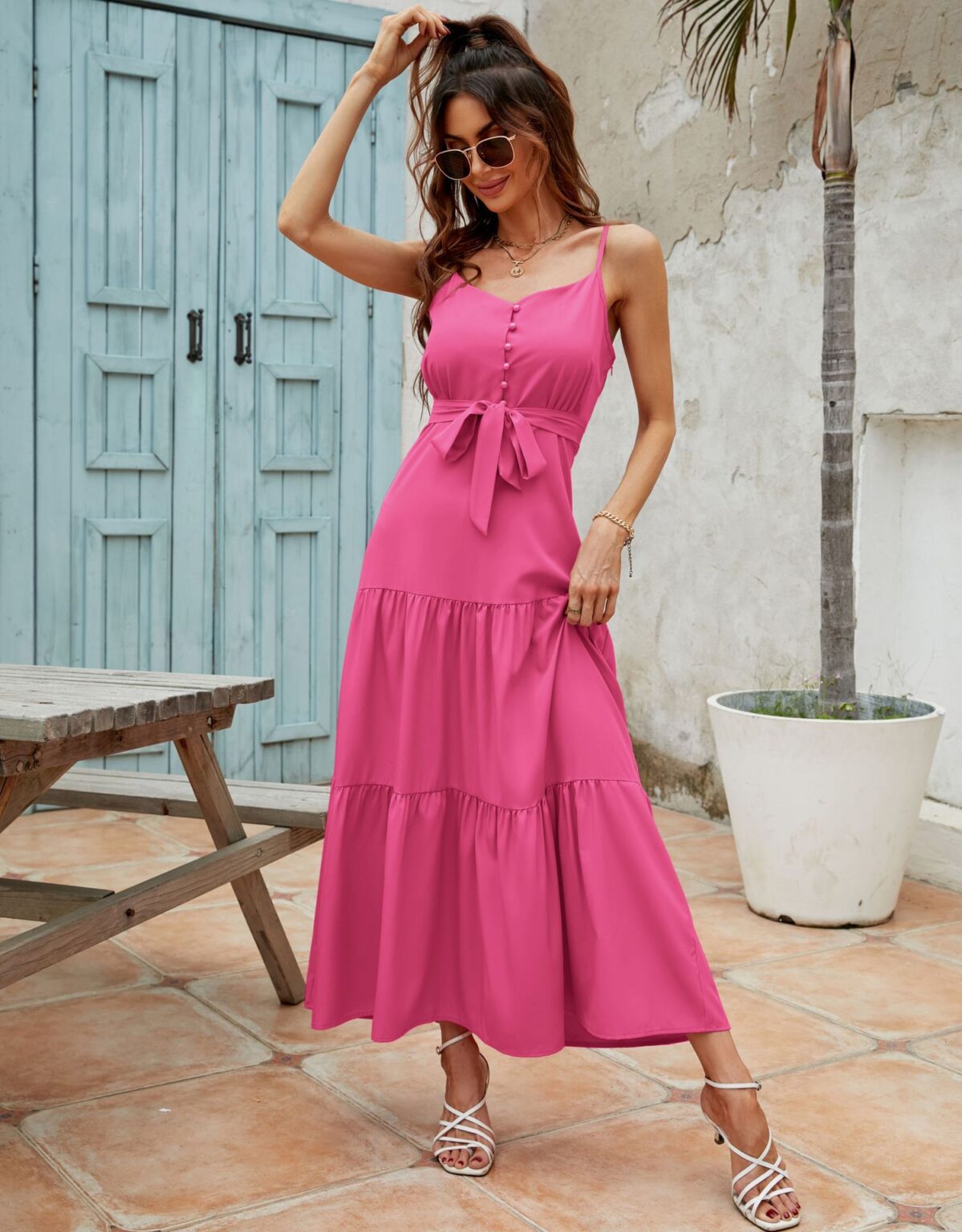 Solid Color Sling Row Waist Closing Dress - Image 3