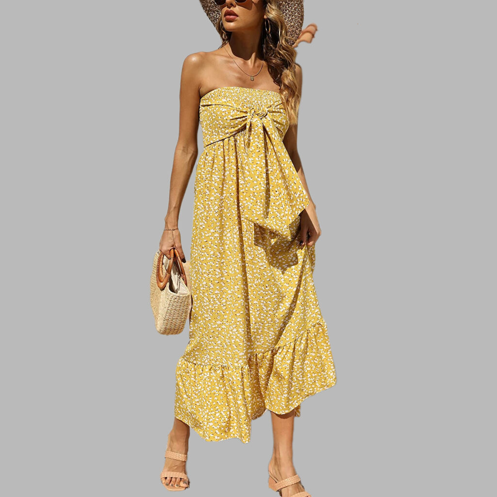 Women Summer Bohemian Floral off Shoulder Pleating Tube Top Ruffle Beach Vacation Dress - Image 3