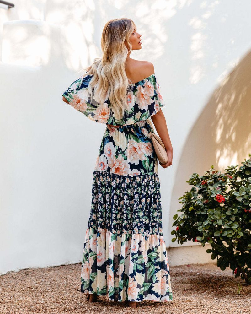 Sale Printed Waist Controlled off the Shoulder Long Women Dress - Image 4