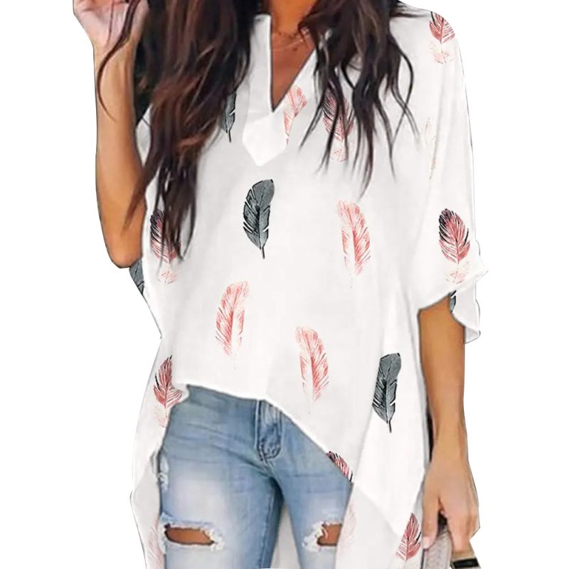 Summer Women Clothing Printed V-neck Batwing Sleeve Casual Irregular Asymmetric Shirt - Image 4