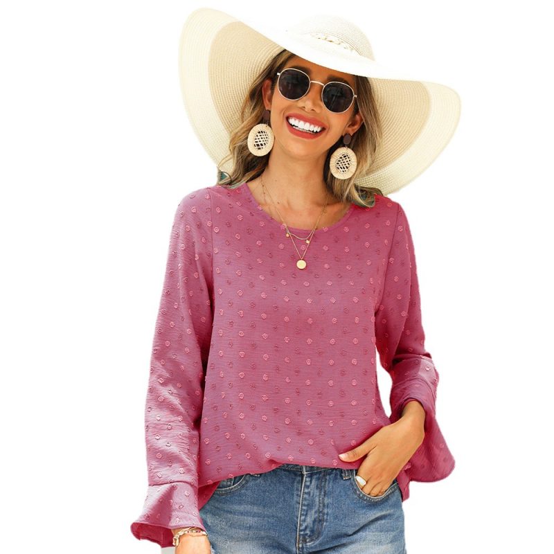 Autumn New Pullover round-Neck Flared Sleeves Jacquard Wave Point Office Women Shirt - Image 4