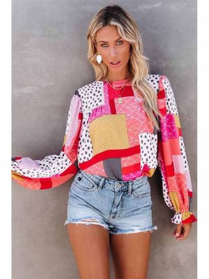 Women Clothing Multi Color Polka Dot Long Sleeve Shirt Chiffon Geometric Abstract Printed Round Neck Shirt