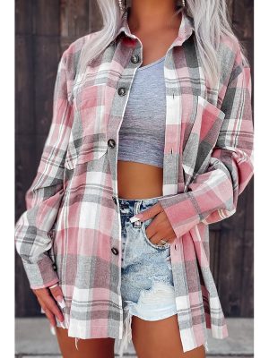 Pink Plaid Button Pocket Shirt Women Collared Long Sleeve Shirt