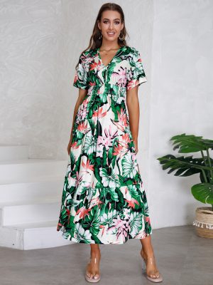 Summer Slim Fit Elegant Dress Cotton V neck Long Floral