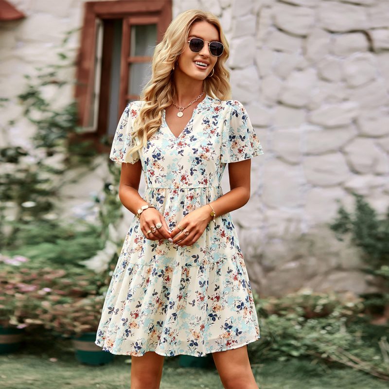 Country Fashion Babydoll Dress Spring Autumn V-neck Printed Dress - Image 2