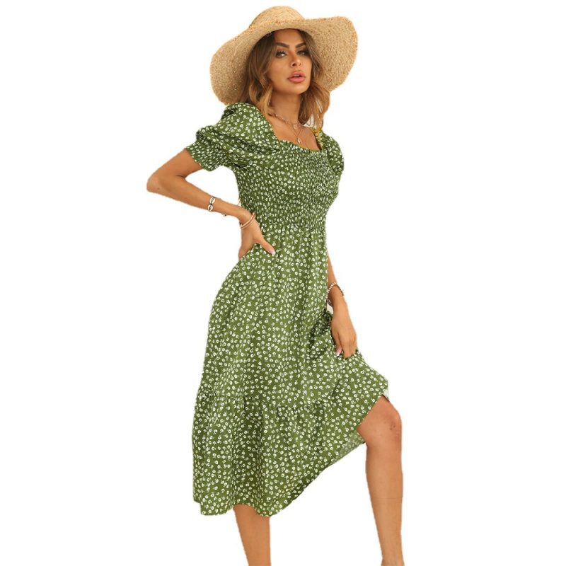 Women Clothing Summer Square Collar Smocking Puff Sleeve Ruffled Dress Long  Tiered Dress - Image 5
