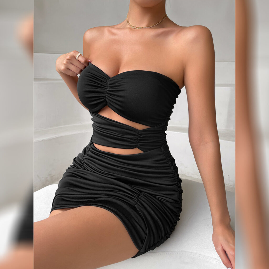 Women Pleated Dress Summer Sexy Tube Top Hollow Out Cutout Hip  Hollow Out Cutout - Image 3