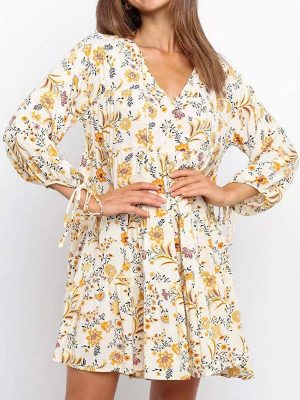 Women Clothing Dress Women Spring Autumn Long Sleeve Floral Dress Loose V Neck Dress