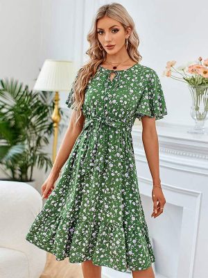 Popular Printed Bow Round Neck Waist Trimming Women Dress