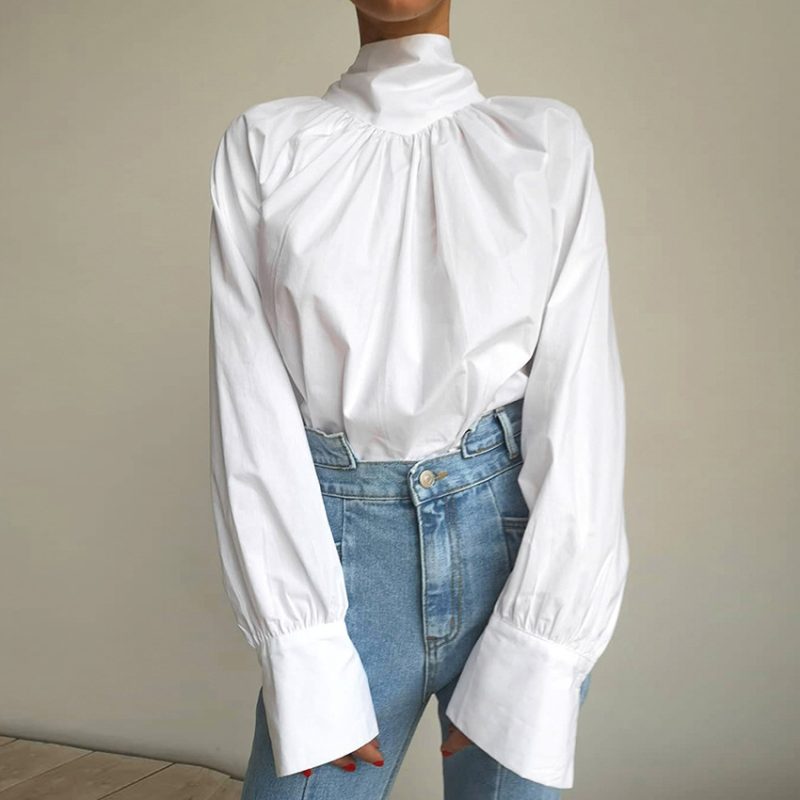 Fall Bowknot Shirt Women French Turtleneck Stand Collar Niche Women White Shirt Top - Image 3