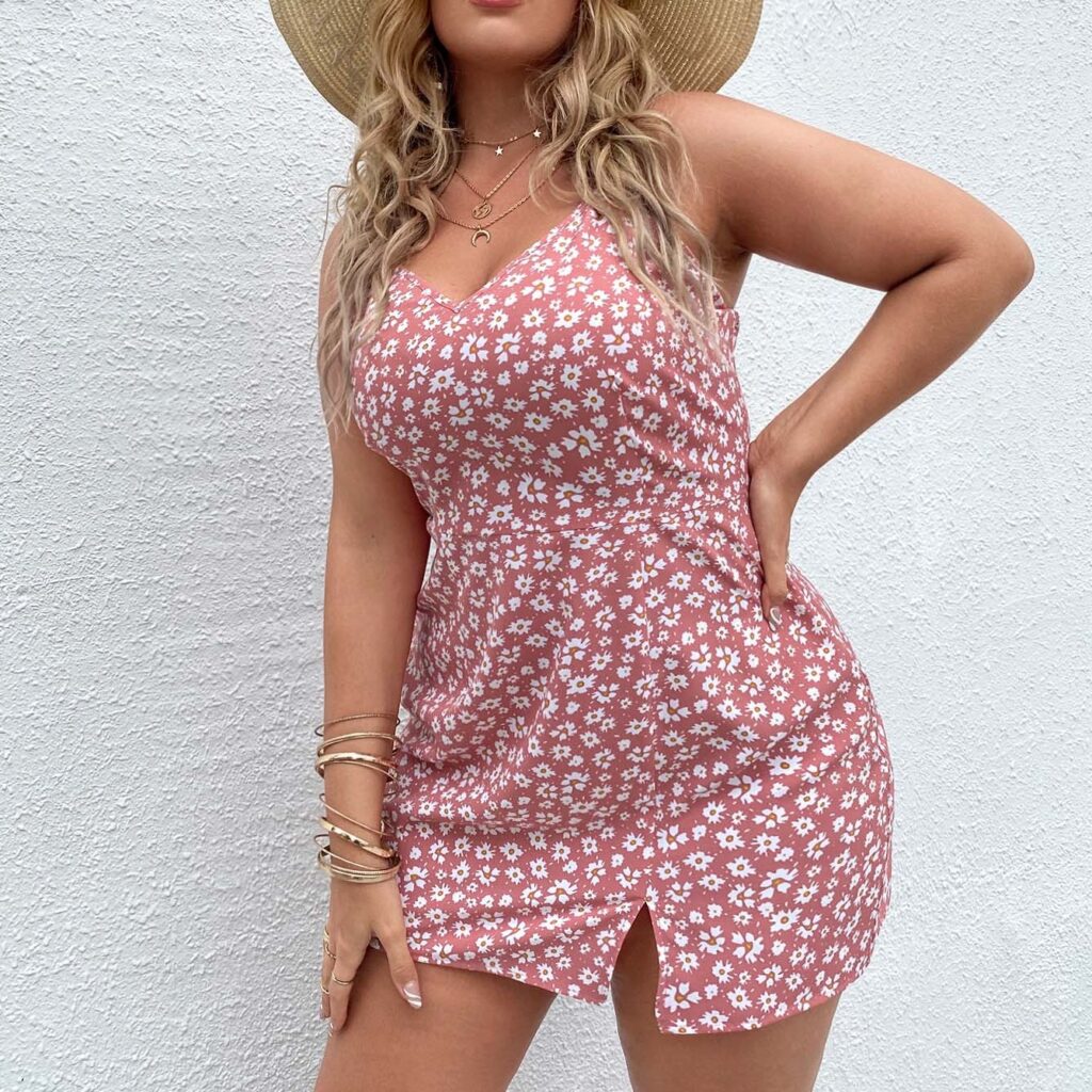 Plus Size Office Waist Trimming Spaghetti Straps Short Printed Slip Dress - Image 2