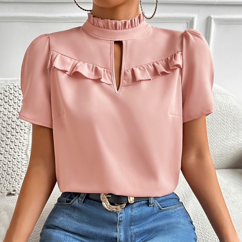 Solid Color Shirt Women Summer Elegant Short Sleeve Top - Image 2
