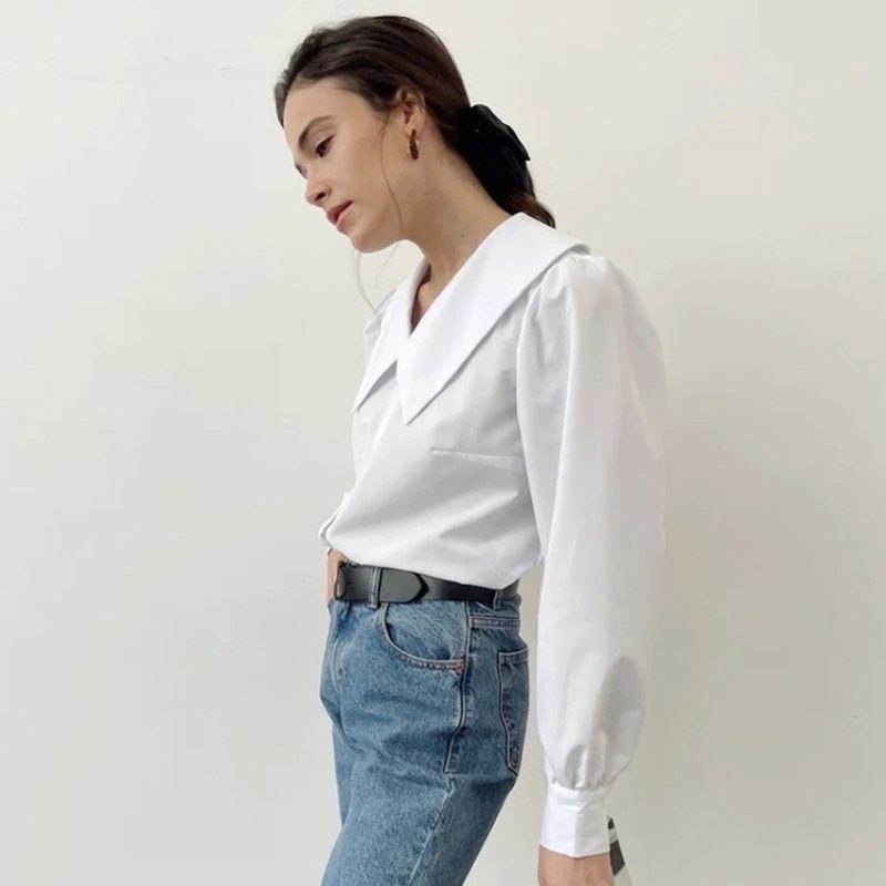 Summer French Office Sailor Collar Casual Long Sleeves Shirt Classic Niche White - Image 4