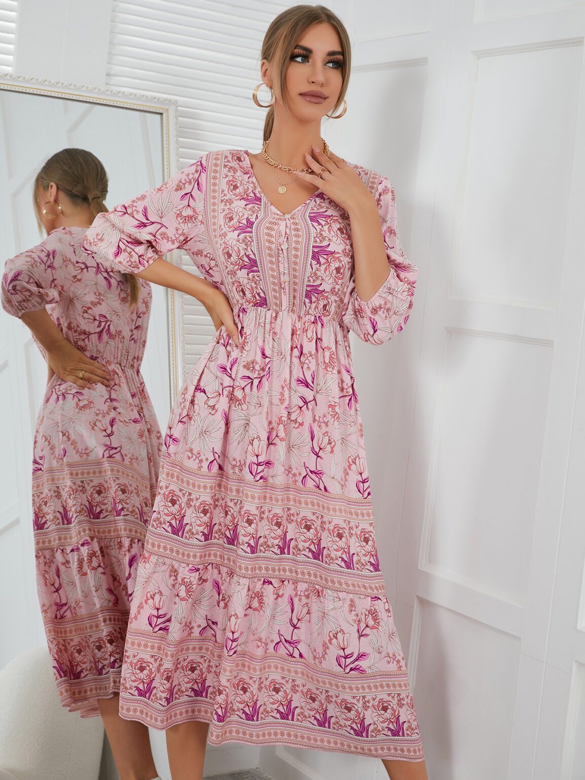 V-neck High Waist Bohemian Dress Women Mid-Length A- line Dress  Women Dress - Image 3