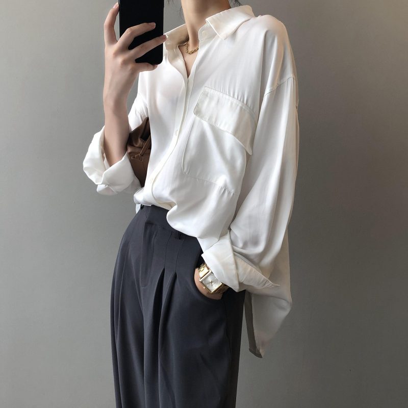 Solid Color Shirt for Women Spring Korean Dignified Sense of Design Top Long Sleeve Shirt for Women - Image 2