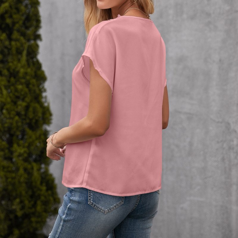 Casual Pullover Hollow Out Lace Stitching Short Sleeve V neck Shirt Top Women - Image 4