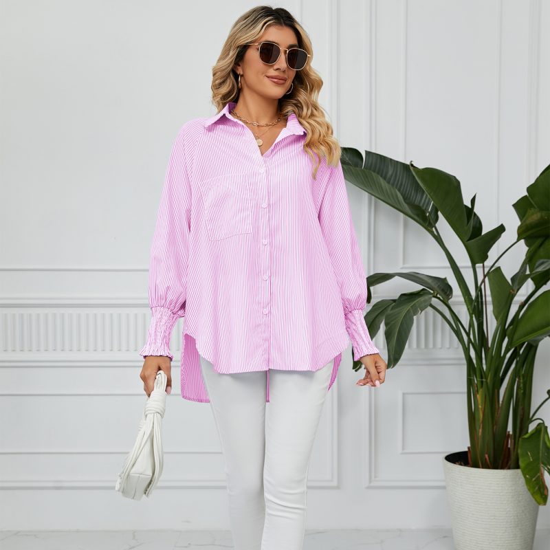 Women Clothing Trade Cuff Pleating Loose Striped Shirt Top - Image 5