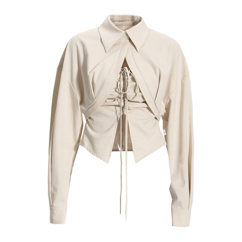 Niche Two-Piece Women Curved Placket Long Sleeve Short Shirt Pleated Drawstring Camisole Suit