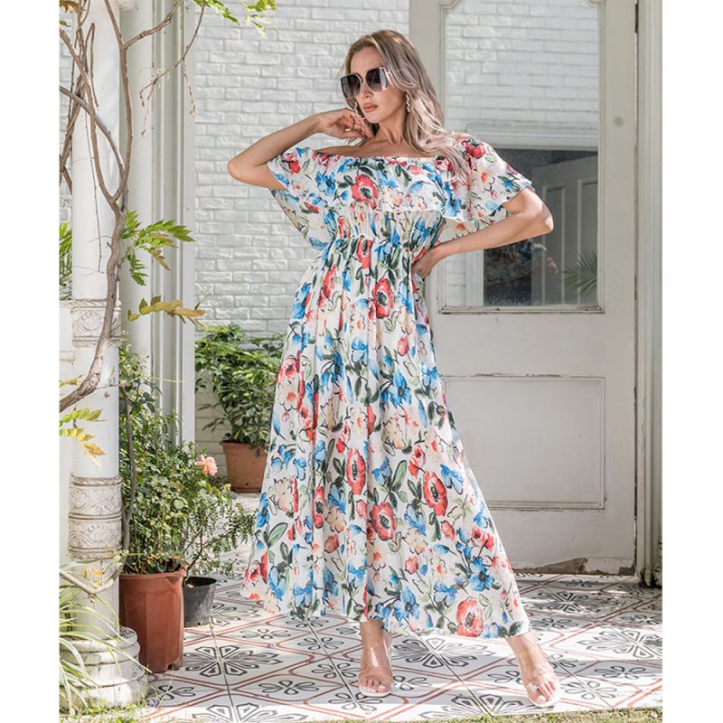 Women Clothing Summer Printing Elegant Slit Sexy off-the-Shoulder Maxi Dress Women - Image 3