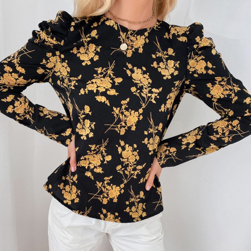 Autumn Winter Elegant Plant Floral Long Sleeve round Neck Top Women - Image 3