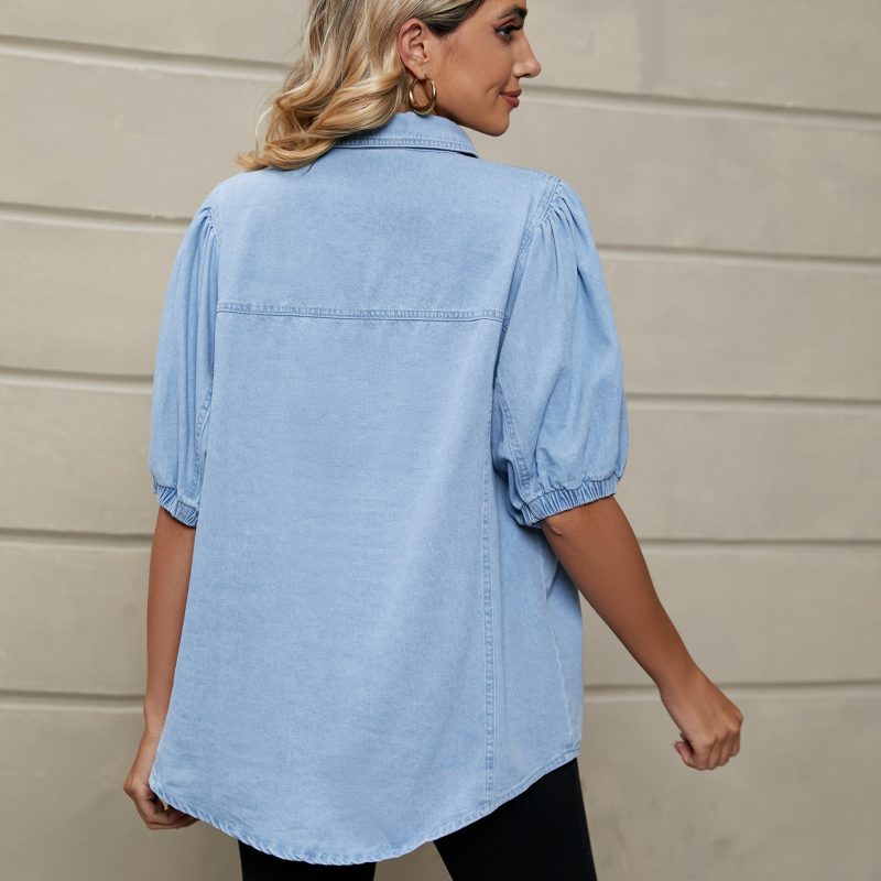 Women Clothing Trade Elastic Princess Sleeves Denim Shirt Casual Top - Image 4